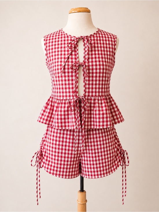 SHEIN Other - SHEIN Red and White Gingham Tie-Front Peplum Romper